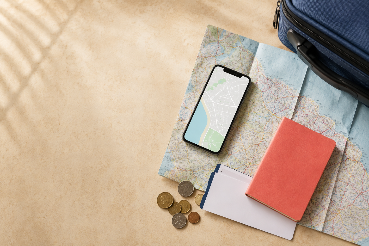 Mapa, celular, moedas e itens usados para planejar uma viagem